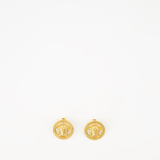 Versace earrings, gold metal earrings, luxury jewelry, designer accessories, Medusa earrings