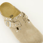 Birkenstock mules, beige suede shoes, comfortable footwear, molded sole, adjustable slip-ons