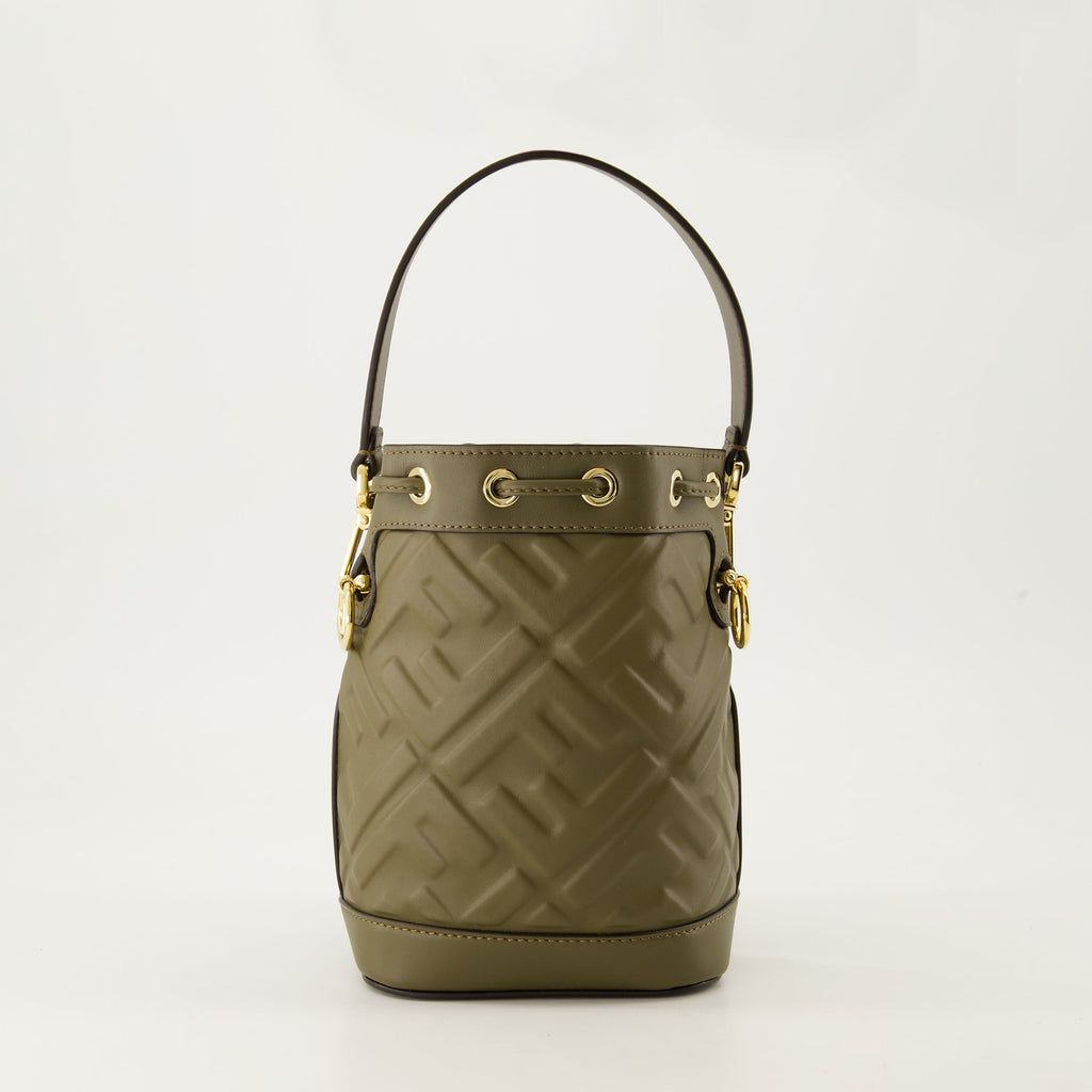 mini bucket bag, khaki leather bag, FF embossed bag, Fendi mini bag, adjustable strap bag