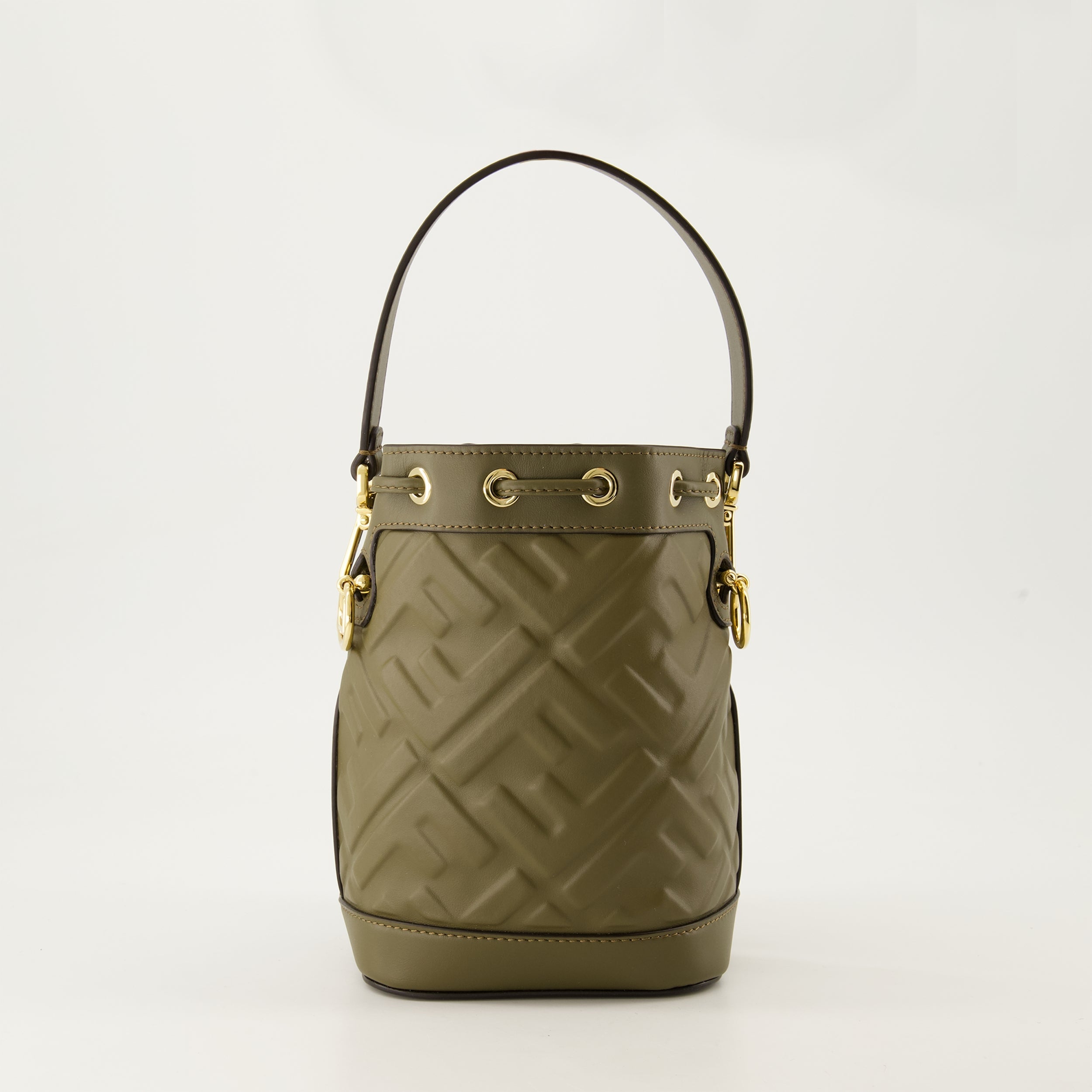 mini bucket bag, khaki leather bag, FF embossed bag, Fendi mini bag, adjustable strap bag