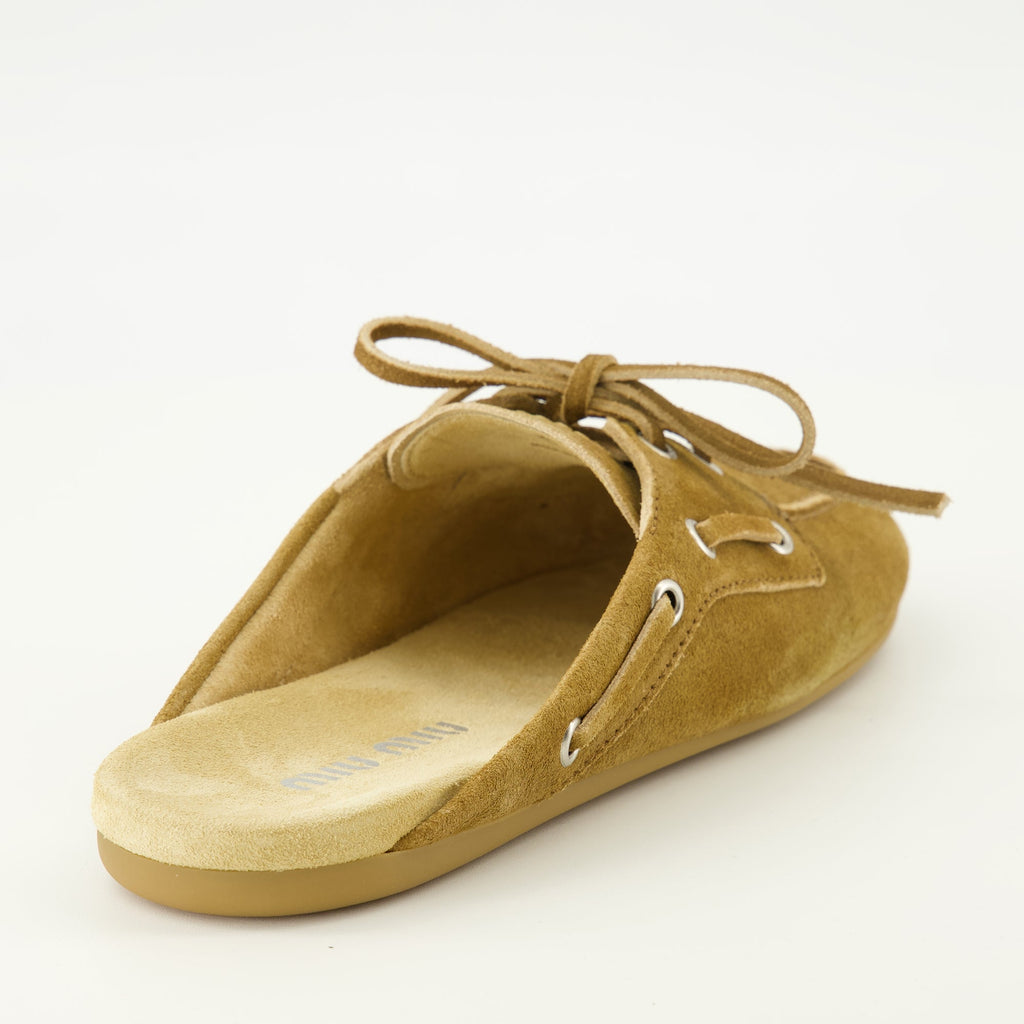 suede mules, brown slippers, Miu Miu footwear, Spring Summer 2026, luxury women slippers
