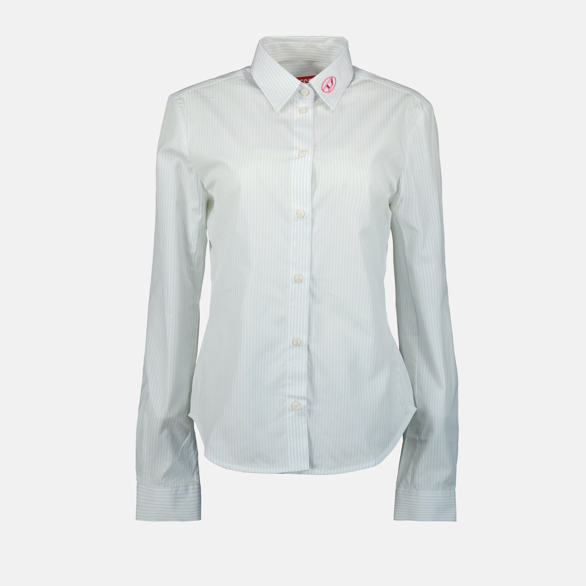 white striped shirt, C-Gisel shirt, classic collar shirt, cotton shirt, embroidered logo shirt