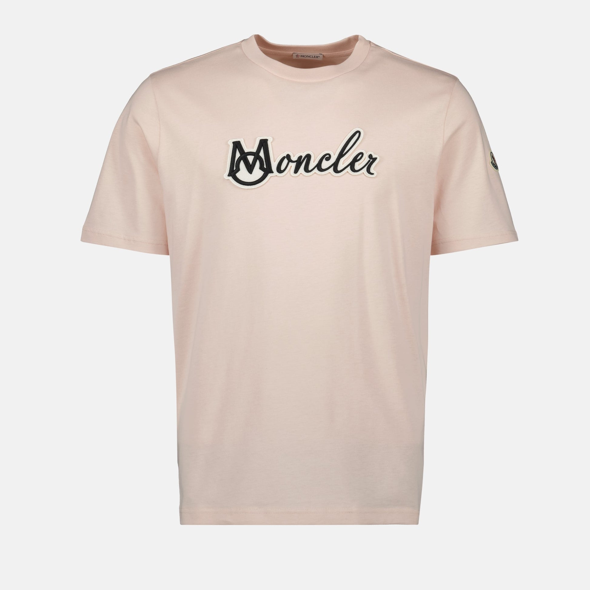 light pink t-shirt, Moncler t-shirt, embroidered logo t-shirt, cotton casual wear, Spring-Summer fashion