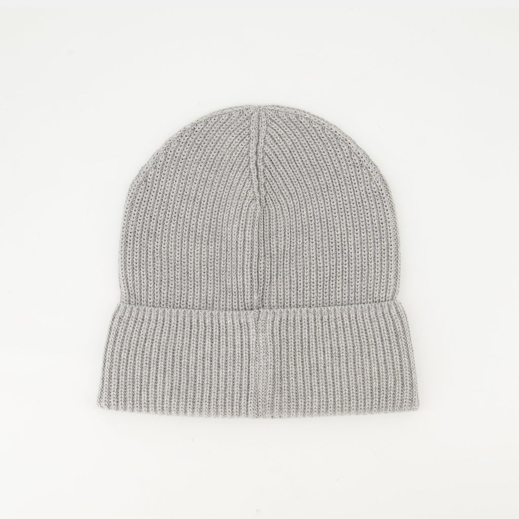 grey knit beanie, logo beanie, Moncler accessories, ribbed knit hat, winter fashion