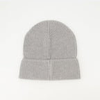 grey knit beanie, logo beanie, Moncler accessories, ribbed knit hat, winter fashion