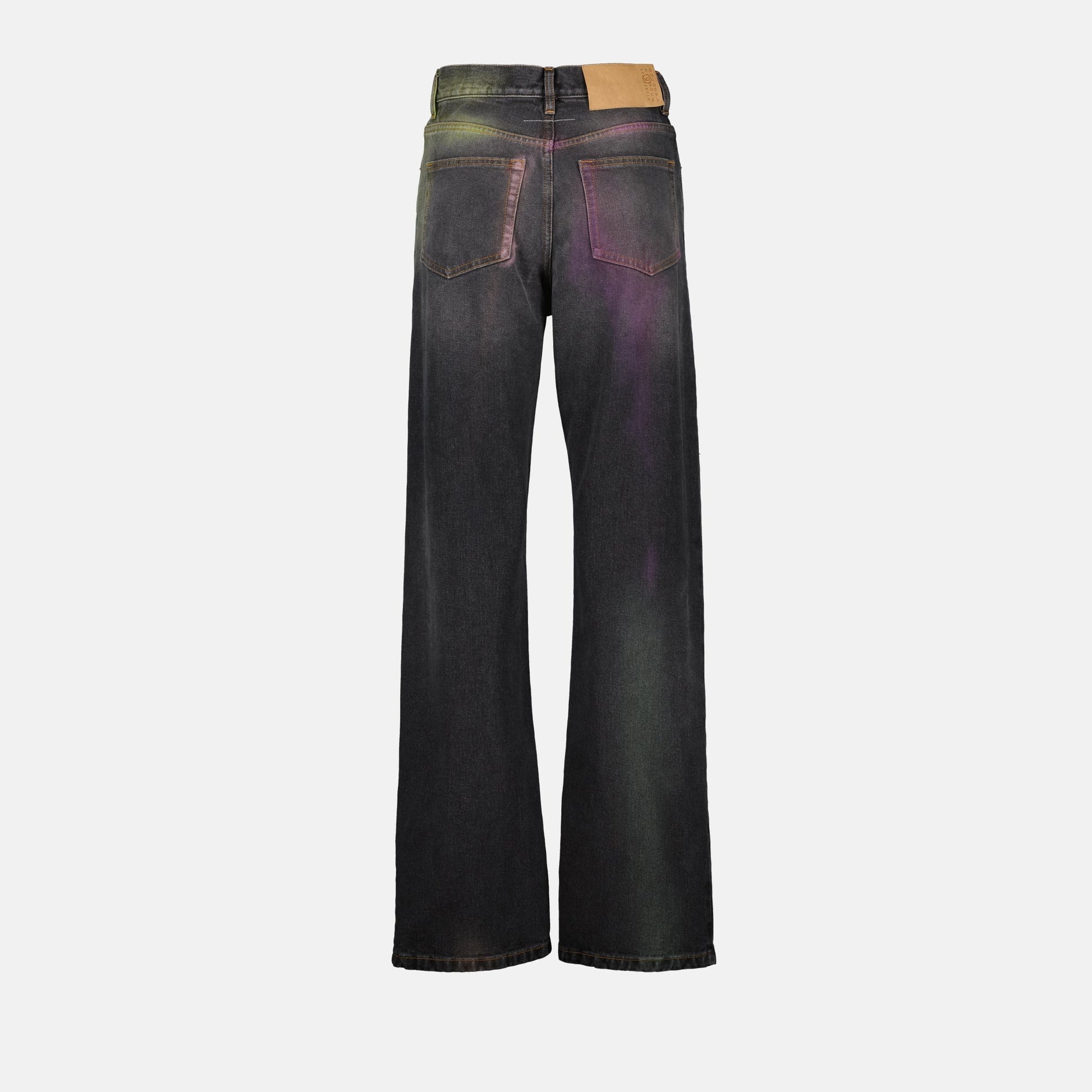 distressed denim jeans, grey and violet jeans, MM6 jeans, wide-leg denim, autumn-winter fashion