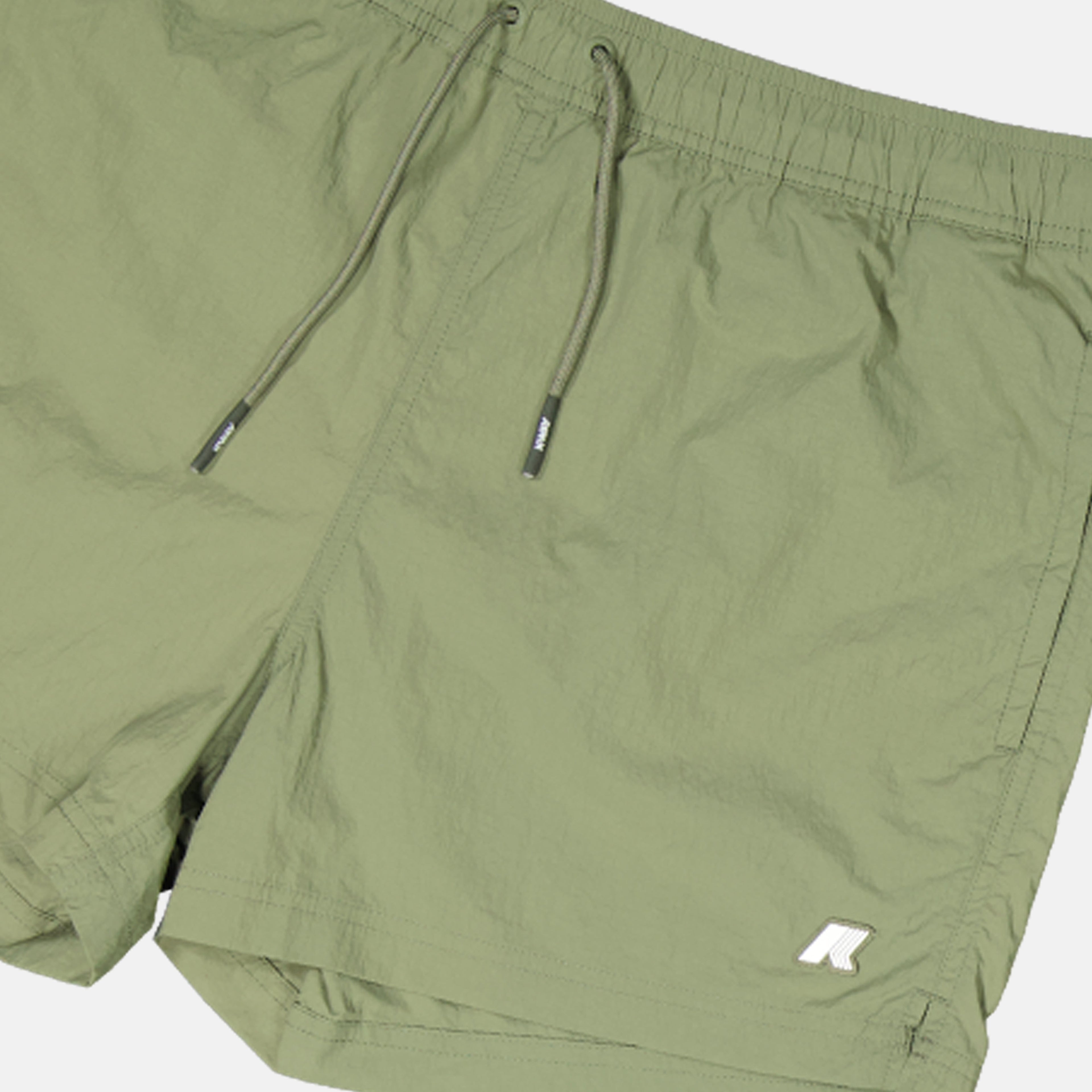 swim shorts, K-Way swimwear, quick-dry swim shorts, seersucker fabric, kaki swim trunks