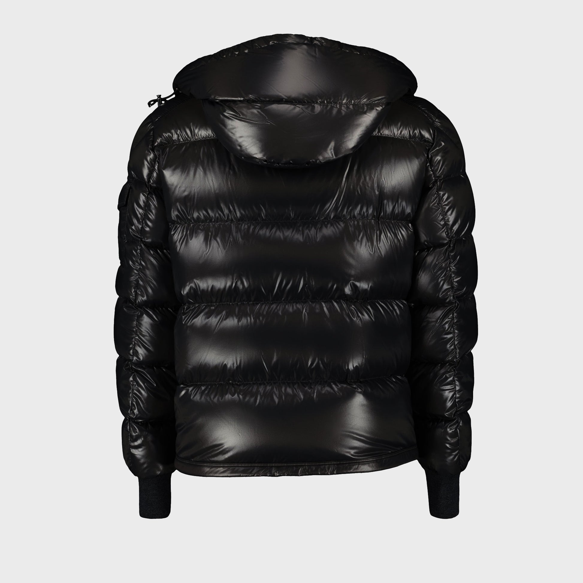 Black bomber jacket, Moncler jacket, Nylon outerwear, Winter fashion, Functional design