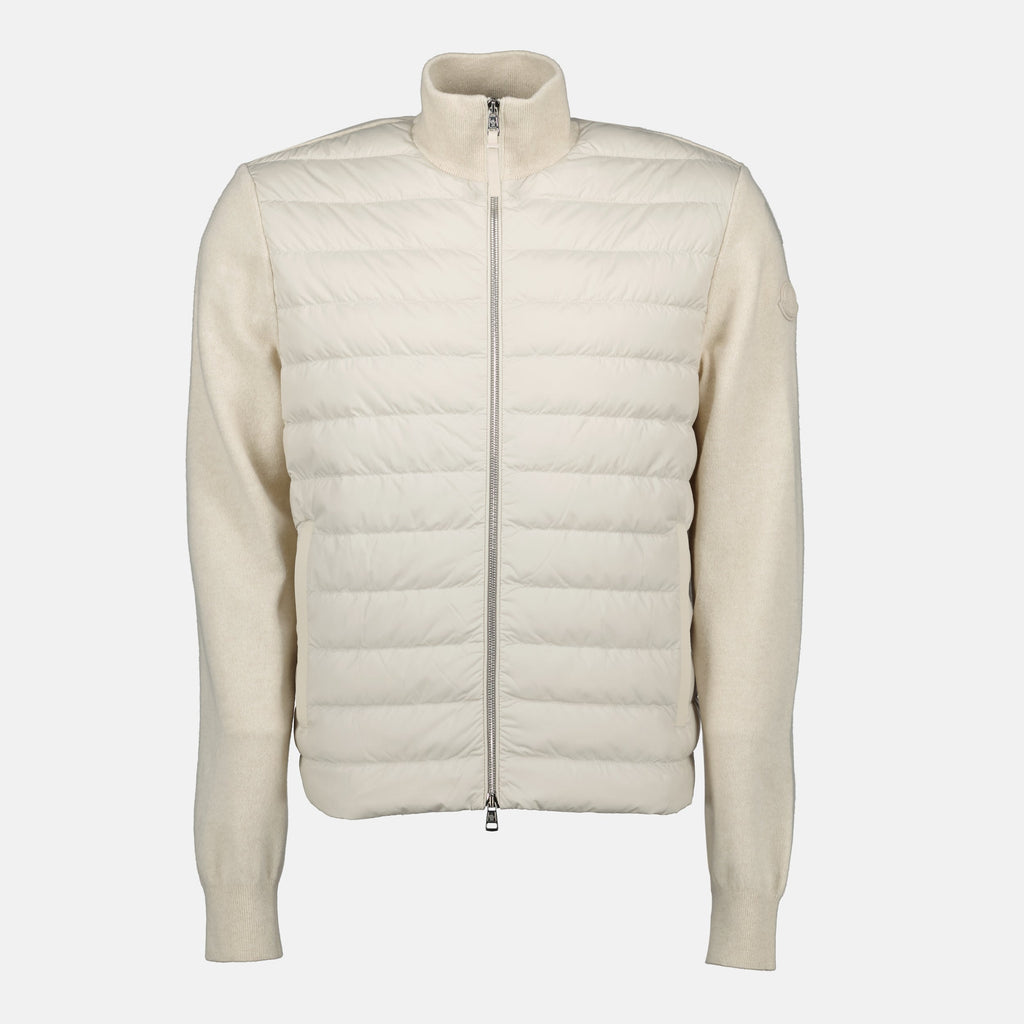 Moncler cardigan, beige cardigan, bi-material clothing, cashmere wool blend, Autumn Winter 2025