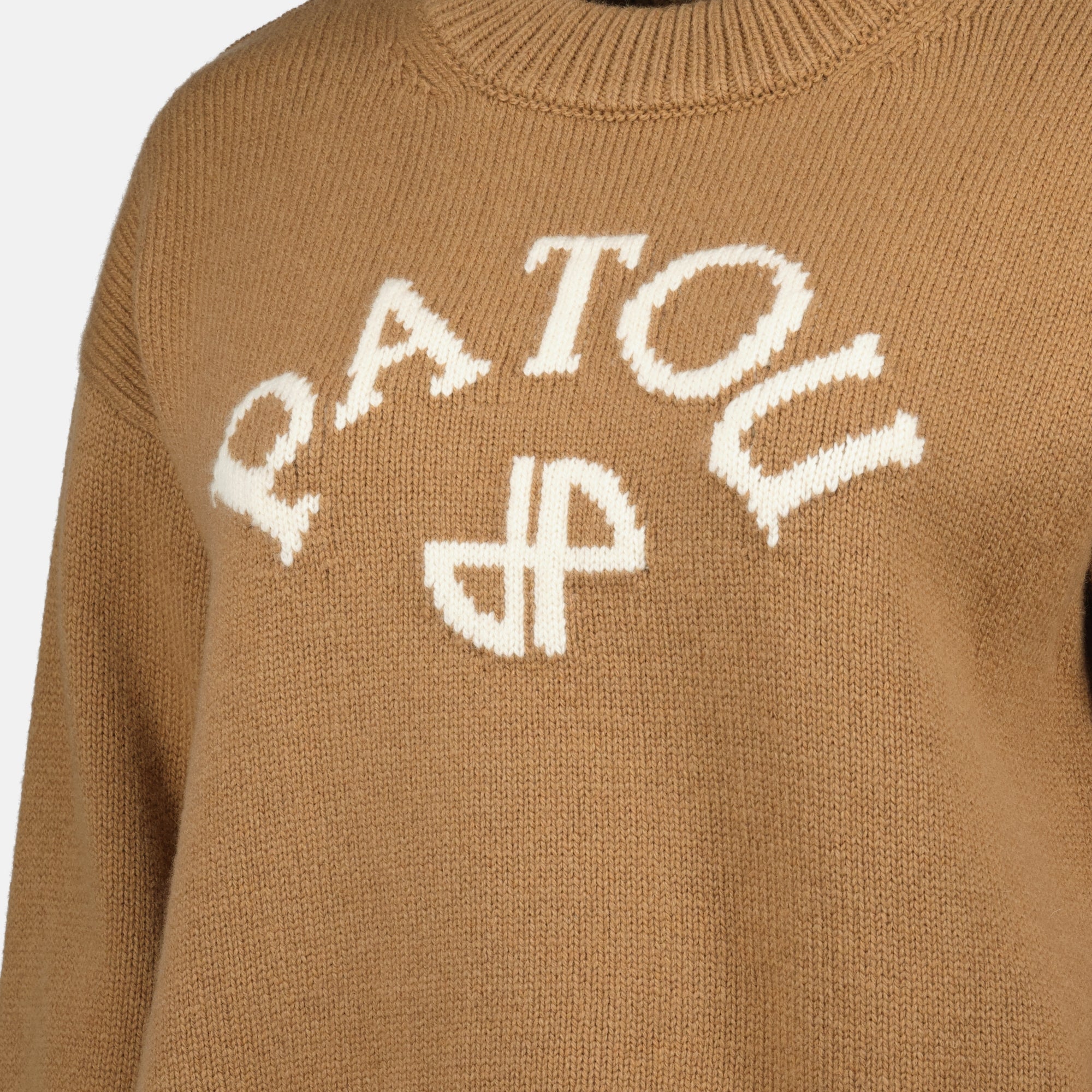 brown wool sweater, Patou sweater, classic wool knit, embroidered logo sweater, Autumn Winter collection