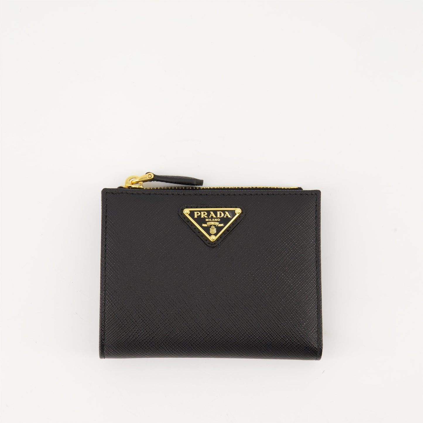 Saffiano leather wallet, Prada wallet, luxury compact wallet, designer wallet, black leather wallet