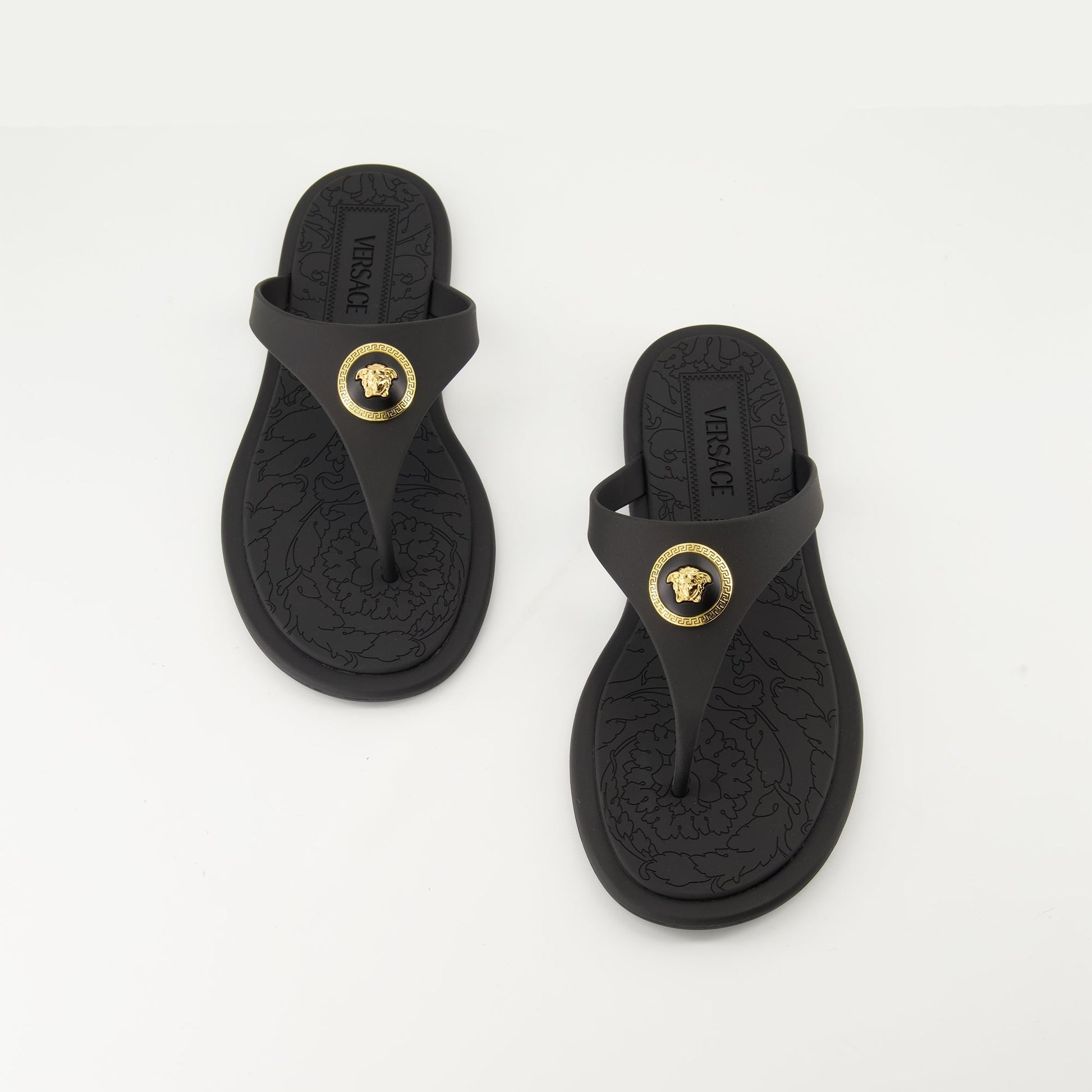 Alia slides, Versace slides, luxury black slides, rubber slides, designer footwear