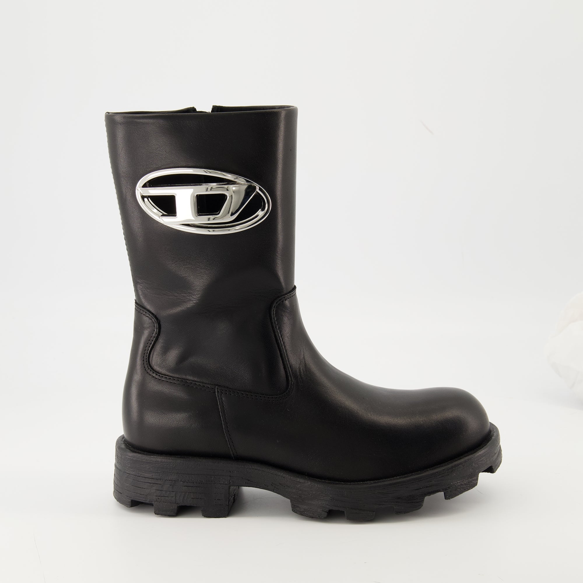 Diesel boots, black leather boots, D-Hammer BKR D W, women's footwear, autumn-winter collection