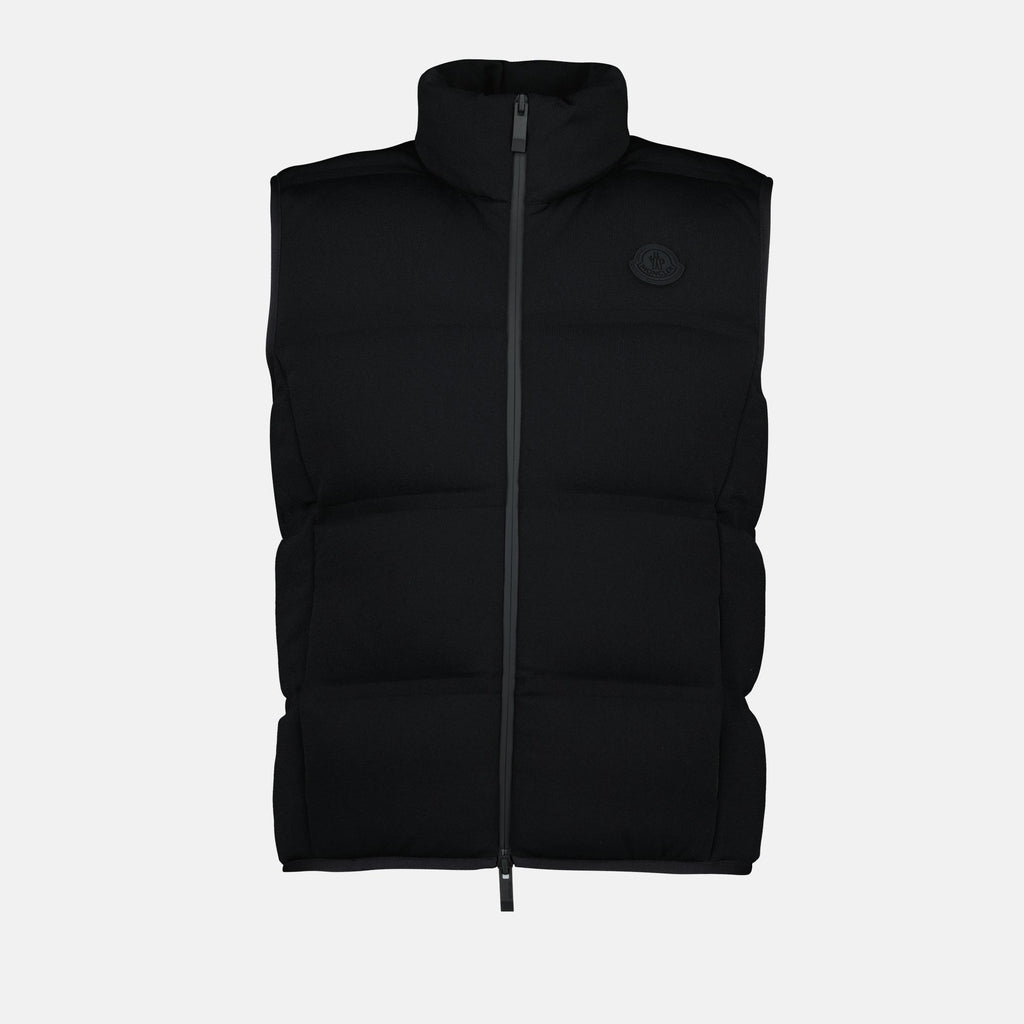 black sleeveless jacket, Moncler, contemporary design, women's outerwear, nylon jacket