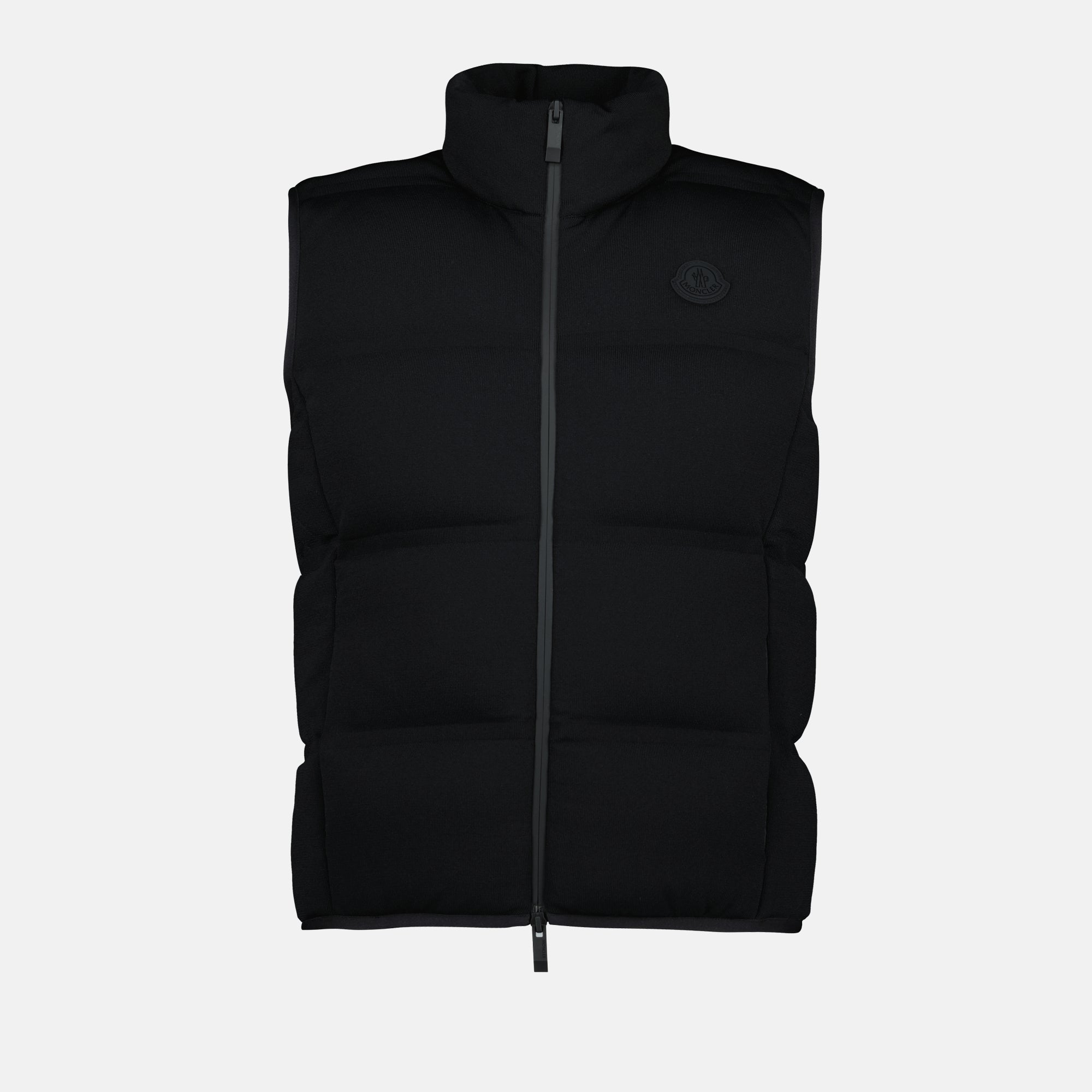 black sleeveless jacket, Moncler, contemporary design, women's outerwear, nylon jacket