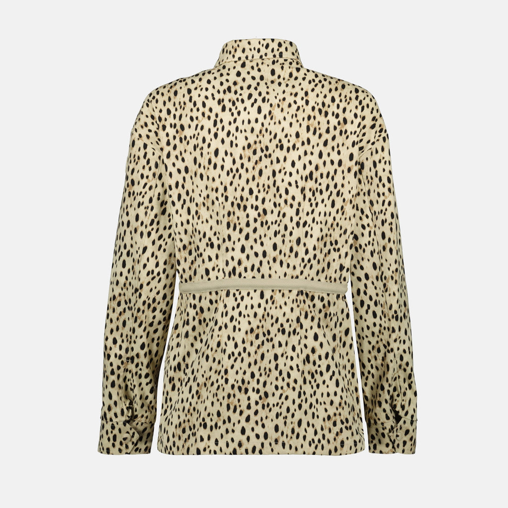 leopard print windbreaker, Moncler coat, technical serge jacket, adjustable fit outerwear, contemporary fashion