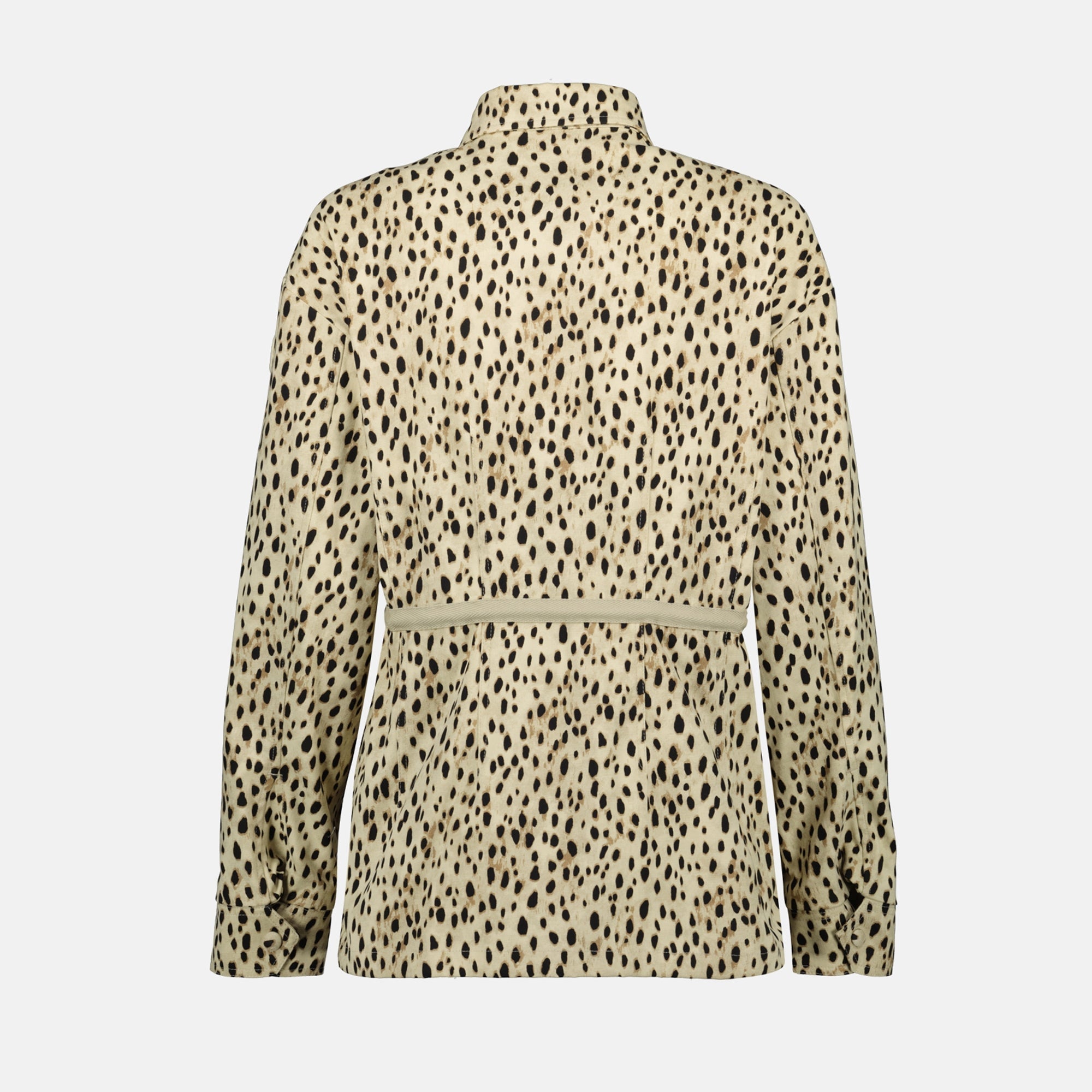 leopard print windbreaker, Moncler coat, technical serge jacket, adjustable fit outerwear, contemporary fashion