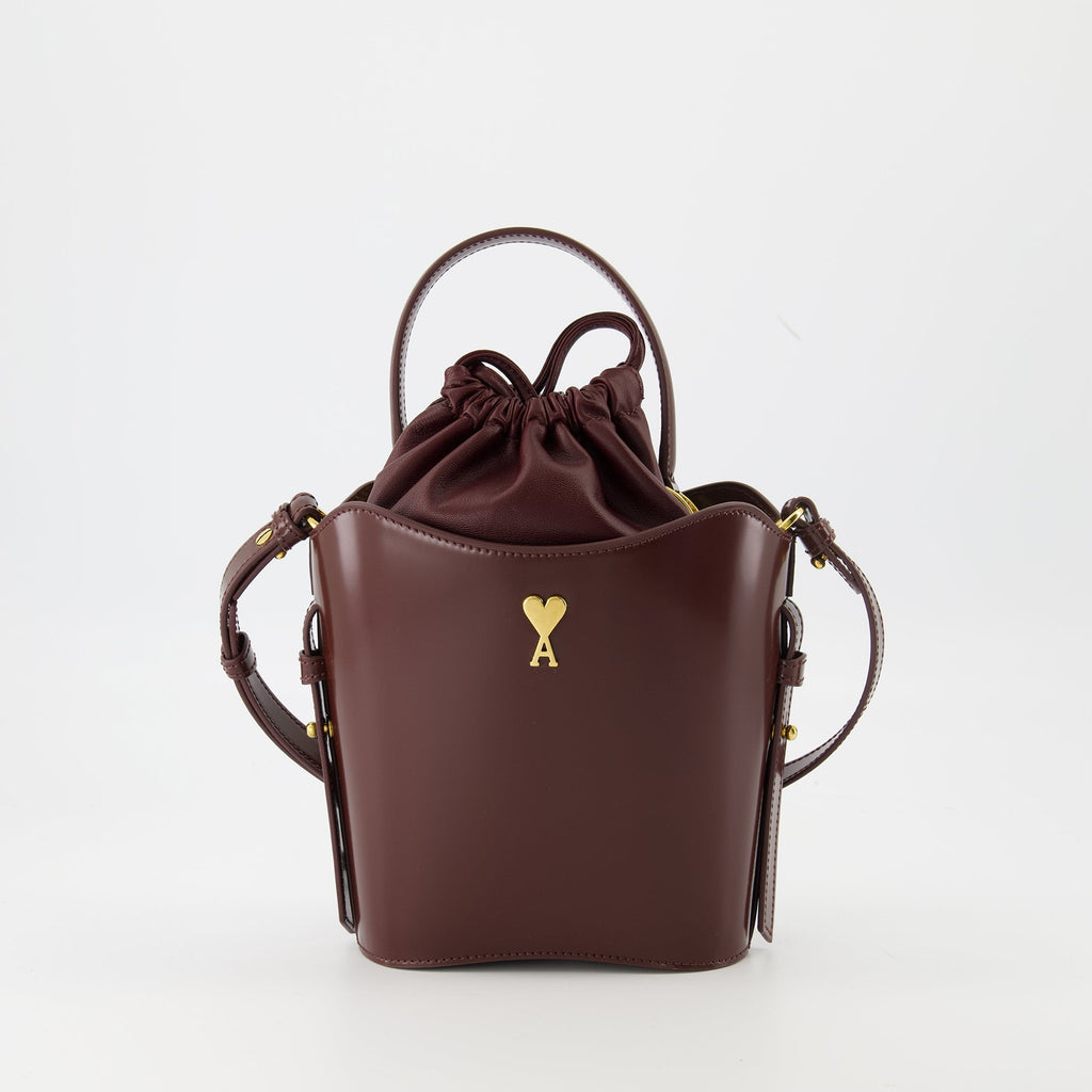Ami Paris bag, Mini sac seau, Bordeaux bag, calf leather handbag, adjustable shoulder strap