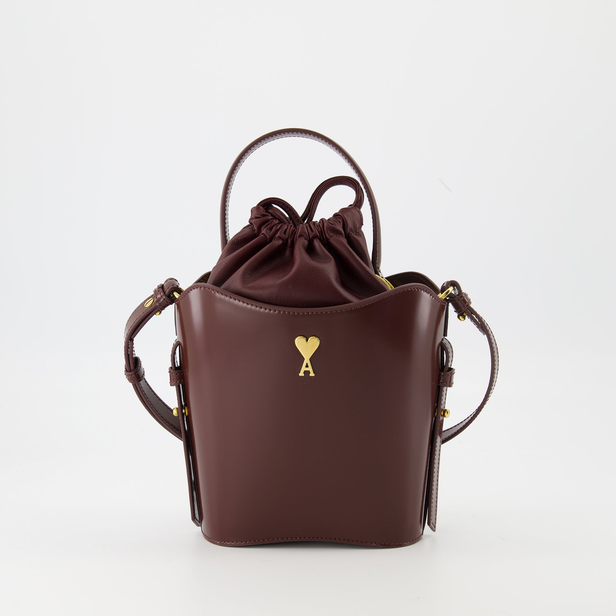 Ami Paris bag, Mini sac seau, Bordeaux bag, calf leather handbag, adjustable shoulder strap