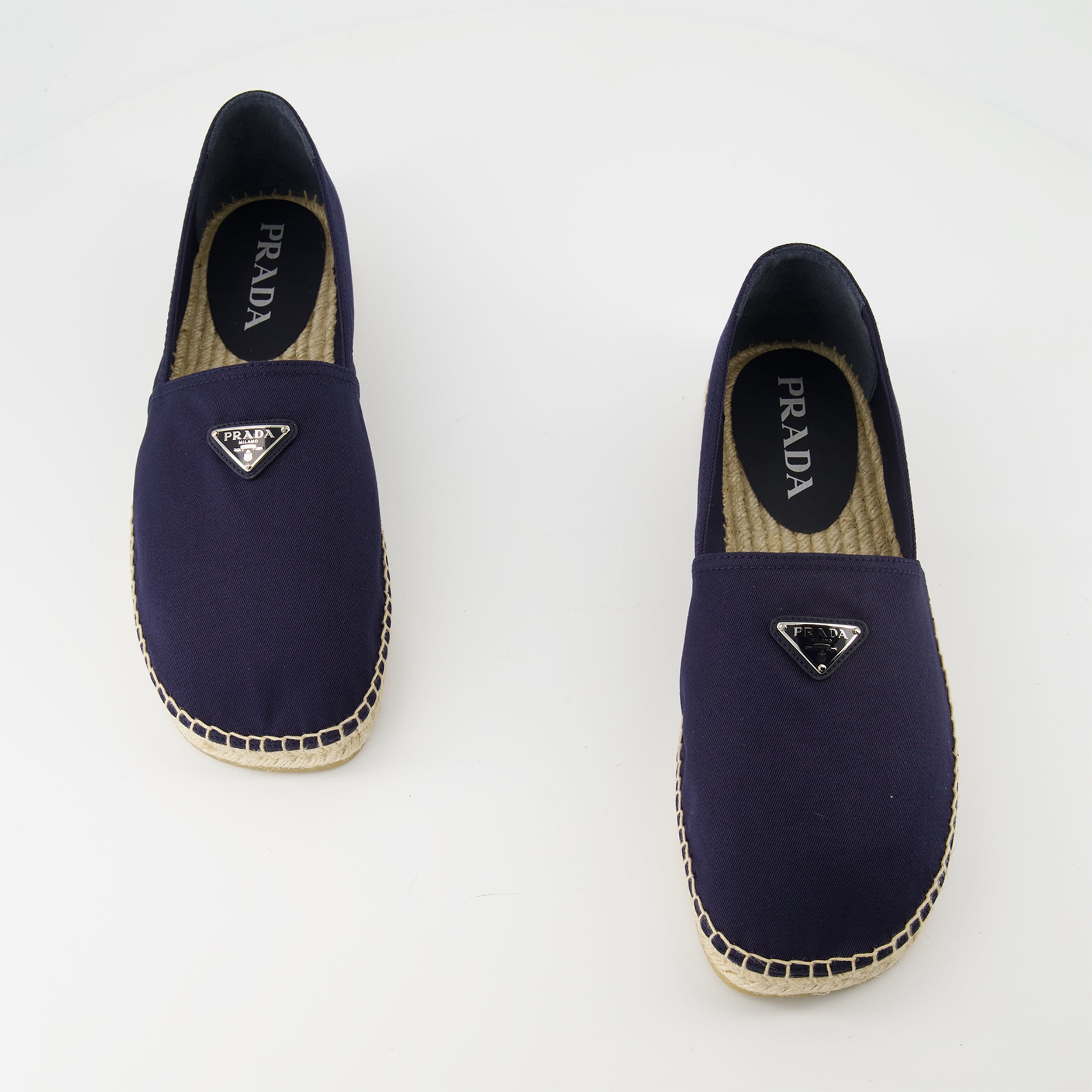 Prada espadrilles, navy cotton shoes, raffia sole, luxury footwear, spring summer collection