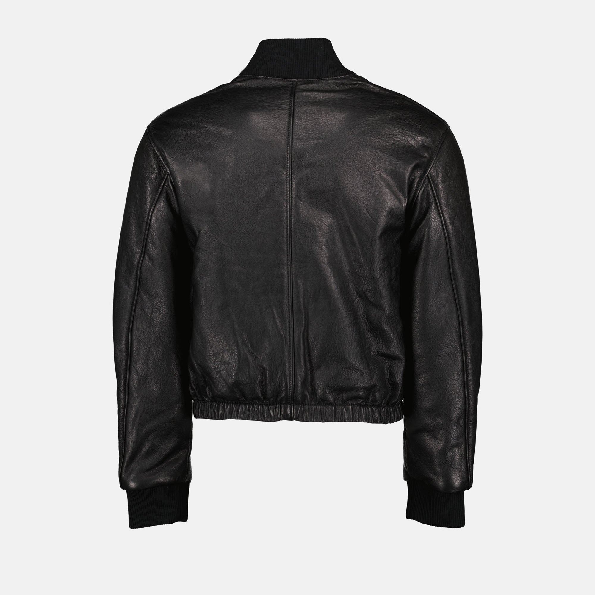 Image of Black Leather Bomber Jacket by Ami PARIS for Men - Season Autumn-Winter 2024 - Detail View 2