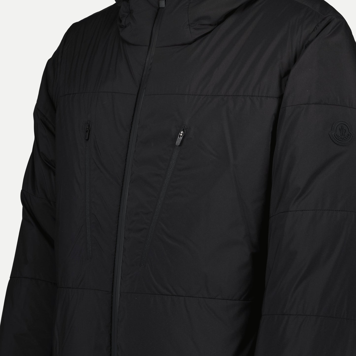 black puffer jacket, Moncler jacket, nylon jacket, adjustable hood jacket, Fall-Winter 2024