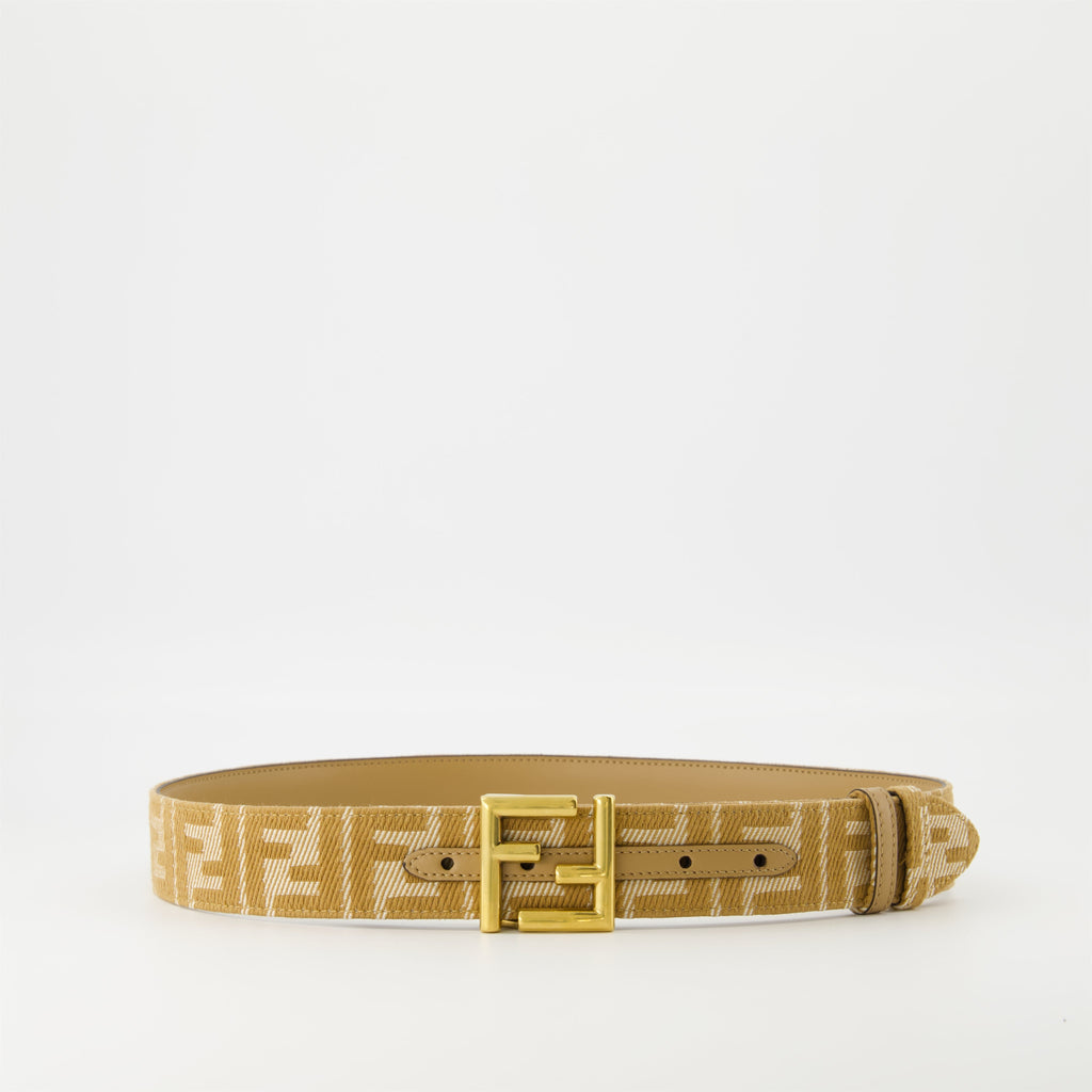 Fendi belt, reversible design, leather and denim, adjustable belt, FF jacquard