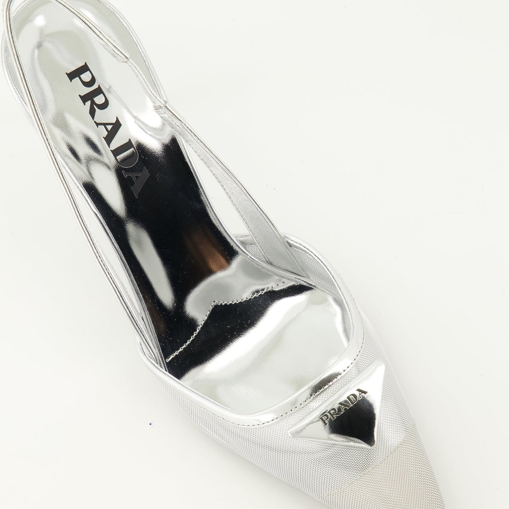 silver mesh heels, Prada footwear, pointed toe heels, elegant shoes, spring-summer collection