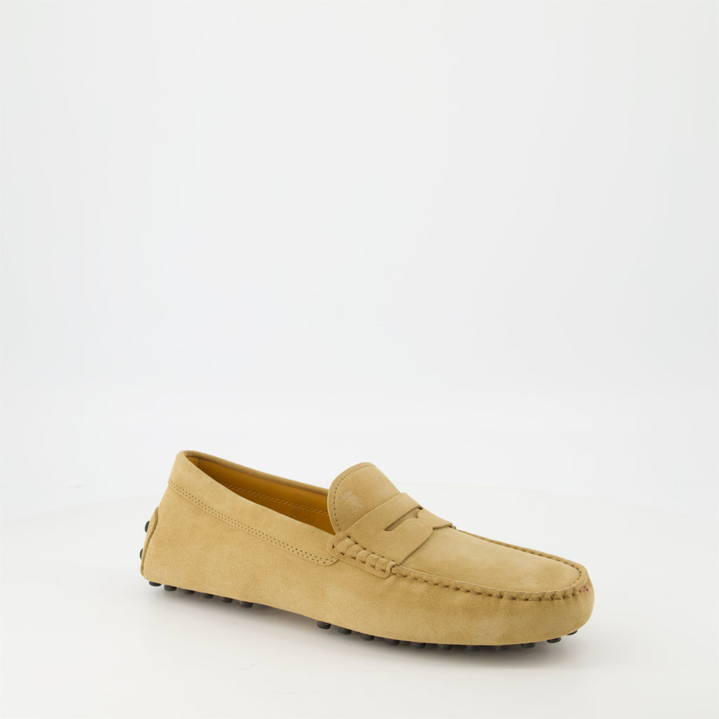 Tod's loafers, Gommino suede loafers, beige loafers, luxury footwear, designer shoes