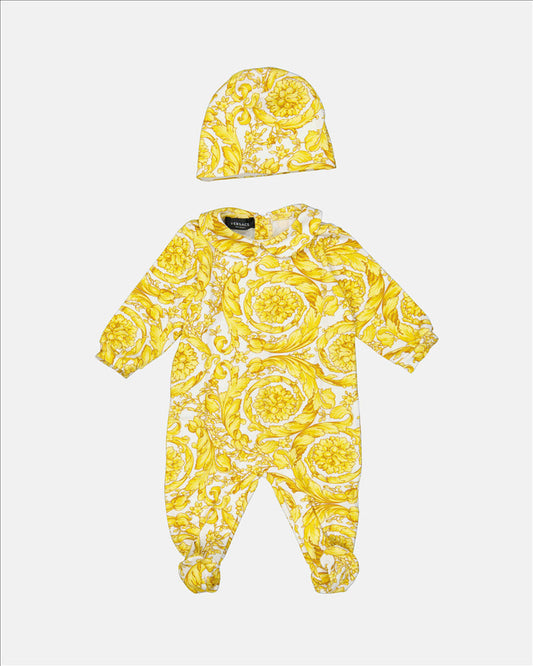 Versace kids, luxury children's wear, baroque pattern, yellow ensemble, designer children’s clothing