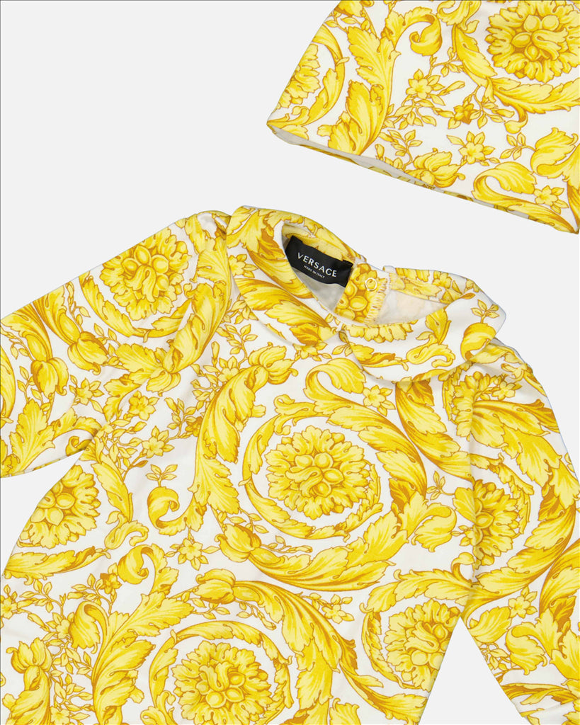 Versace kids, luxury children's wear, baroque pattern, yellow ensemble, designer children’s clothing