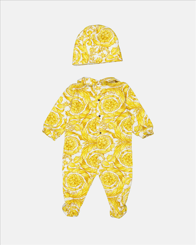 Versace kids, luxury children's wear, baroque pattern, yellow ensemble, designer children’s clothing