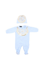 baby onesie, light blue outfit, matching hat, golden print, comfort