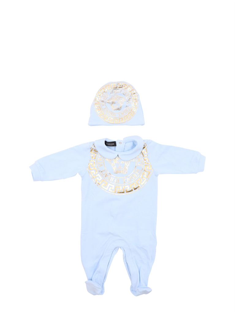 baby onesie, light blue outfit, matching hat, golden print, comfort
