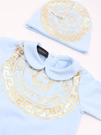 baby onesie, light blue outfit, matching hat, golden print, comfort