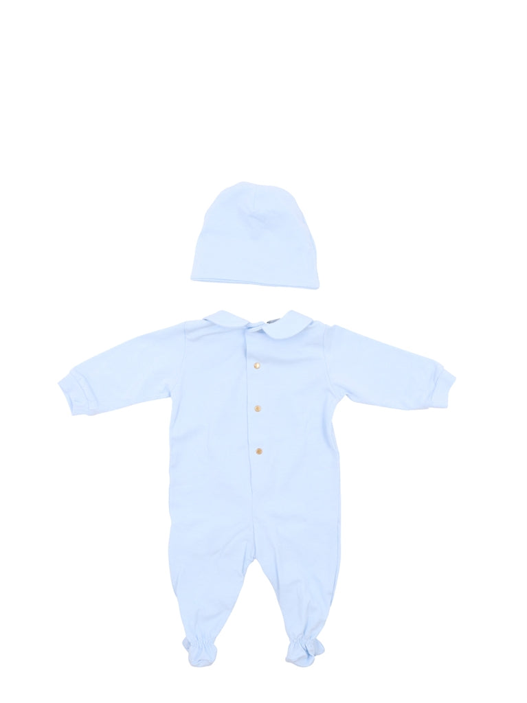 baby onesie, light blue outfit, matching hat, golden print, comfort