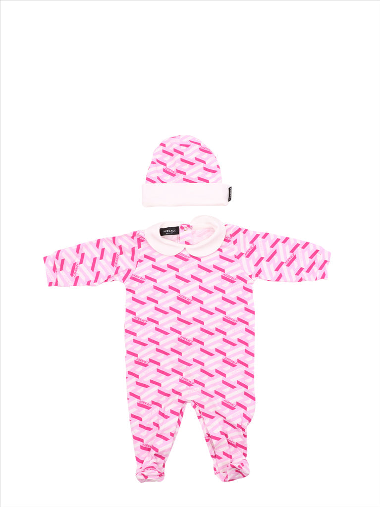 Versace Kids, Baby Luxury Clothing, Greca Pattern Ensemble, Rose Baby Outfit, High Fashion Children’s Wear