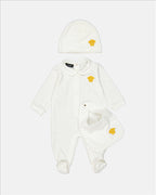 Versace children's wear, luxury kids fashion, Medusa design, high-end children's outfit, white ensemble for kids