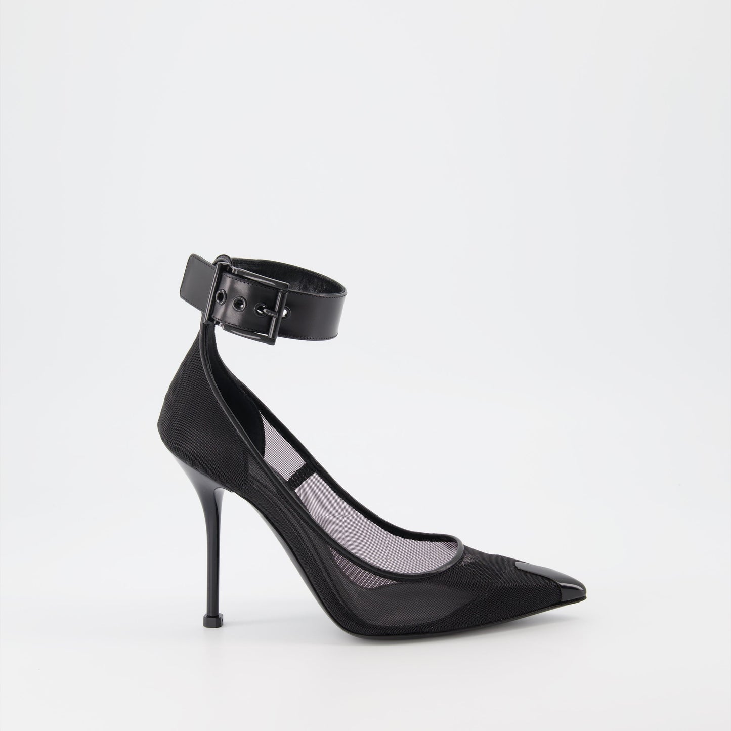 Alexander McQueen heels, black punk strap heels, luxury women's shoes, designer strap heels, high-end stilettos