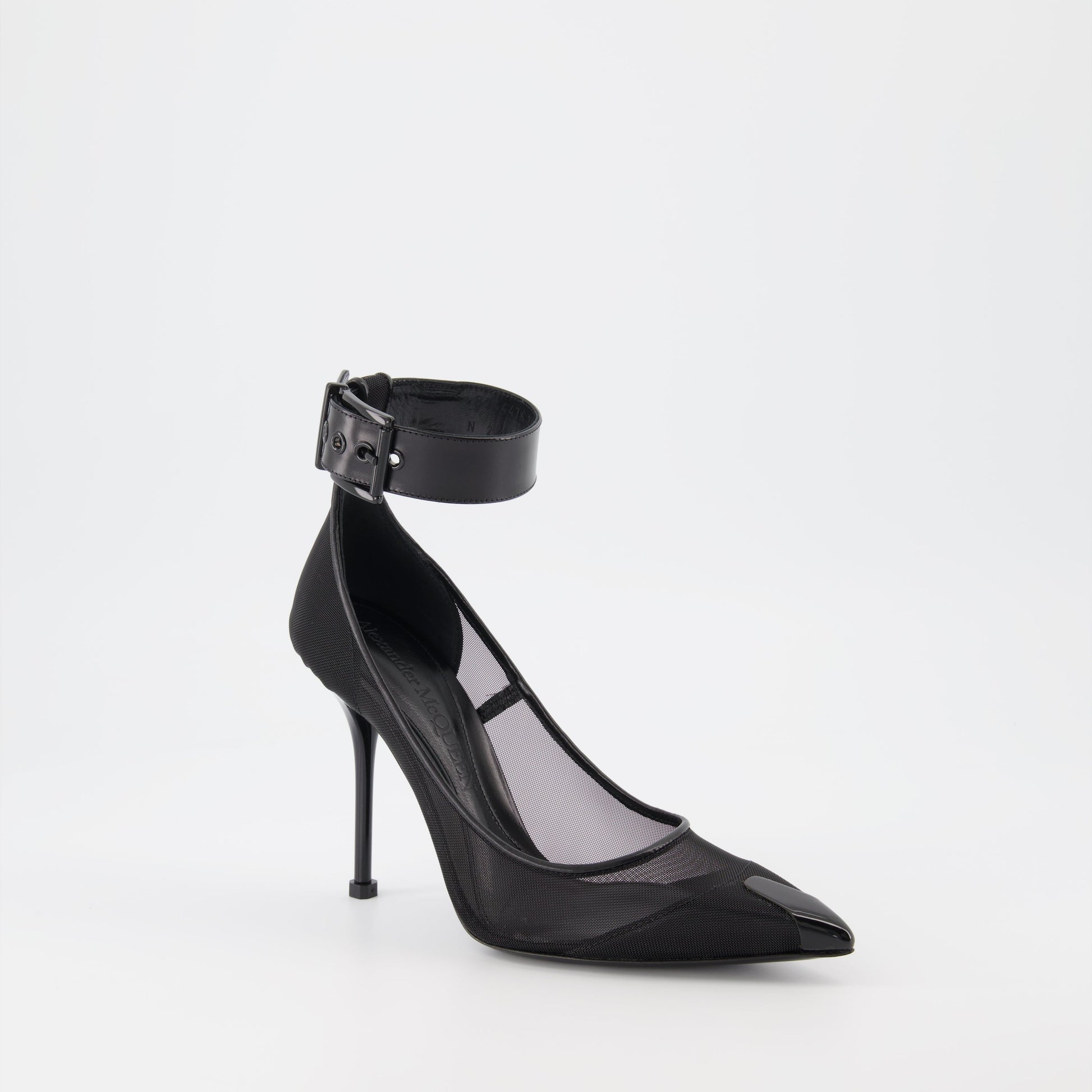 Alexander McQueen heels, black punk strap heels, luxury women's shoes, designer strap heels, high-end stilettos