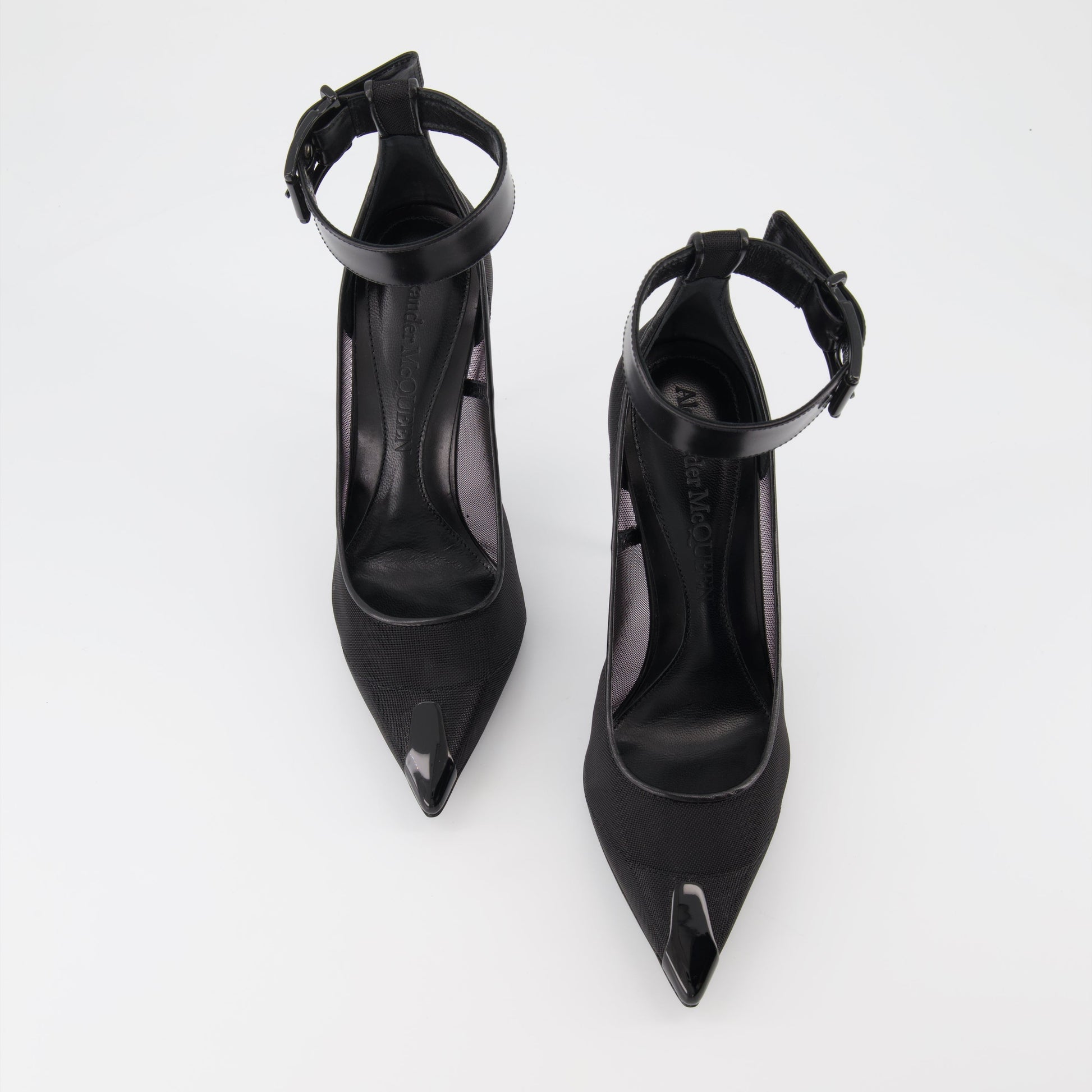 Alexander McQueen heels, black punk strap heels, luxury women's shoes, designer strap heels, high-end stilettos