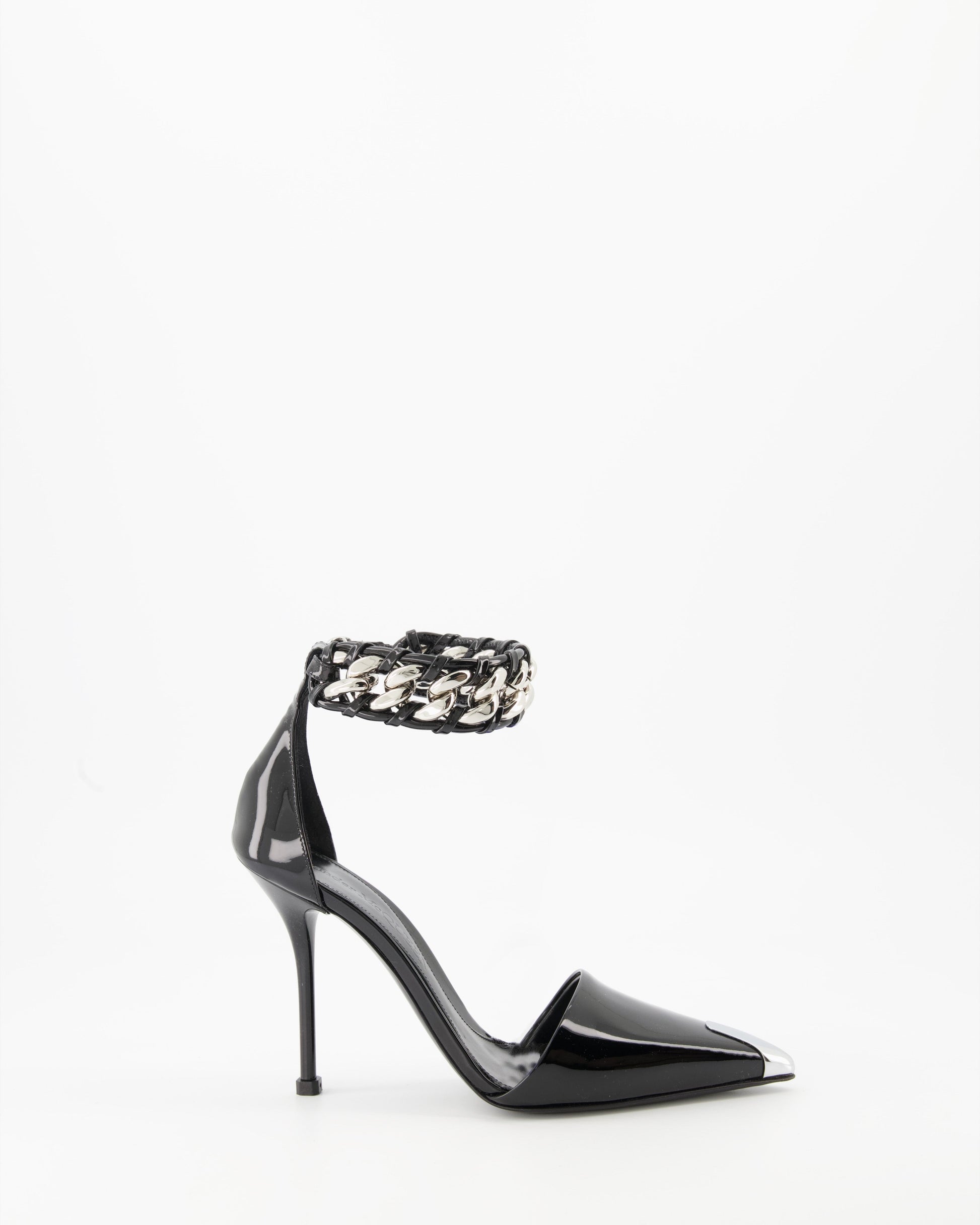 Alexander McQueen Pumps, Punk Shoes, Black Patent Leather, Chain Strap, Metallic Pointed Toe