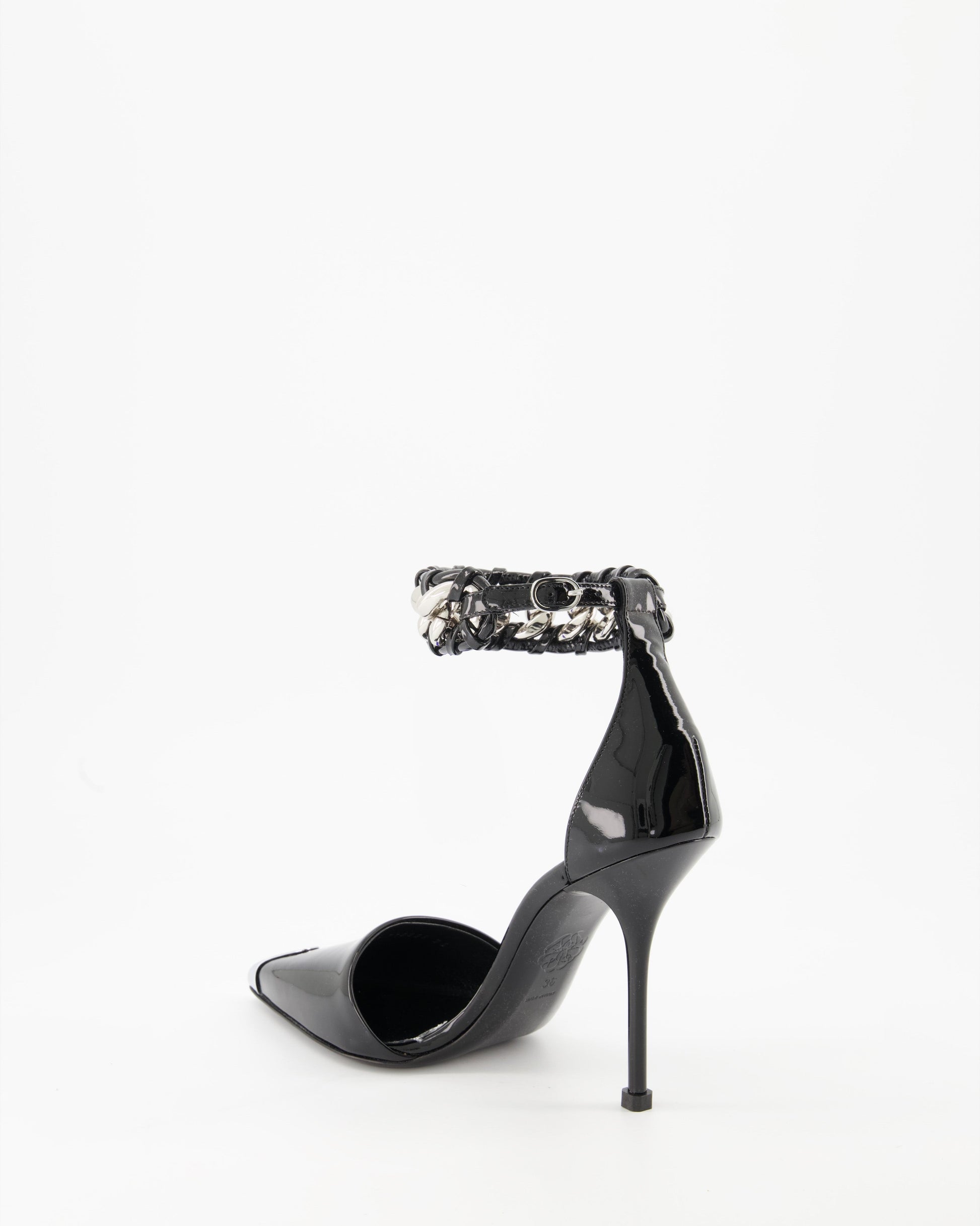 Alexander McQueen Pumps, Punk Shoes, Black Patent Leather, Chain Strap, Metallic Pointed Toe