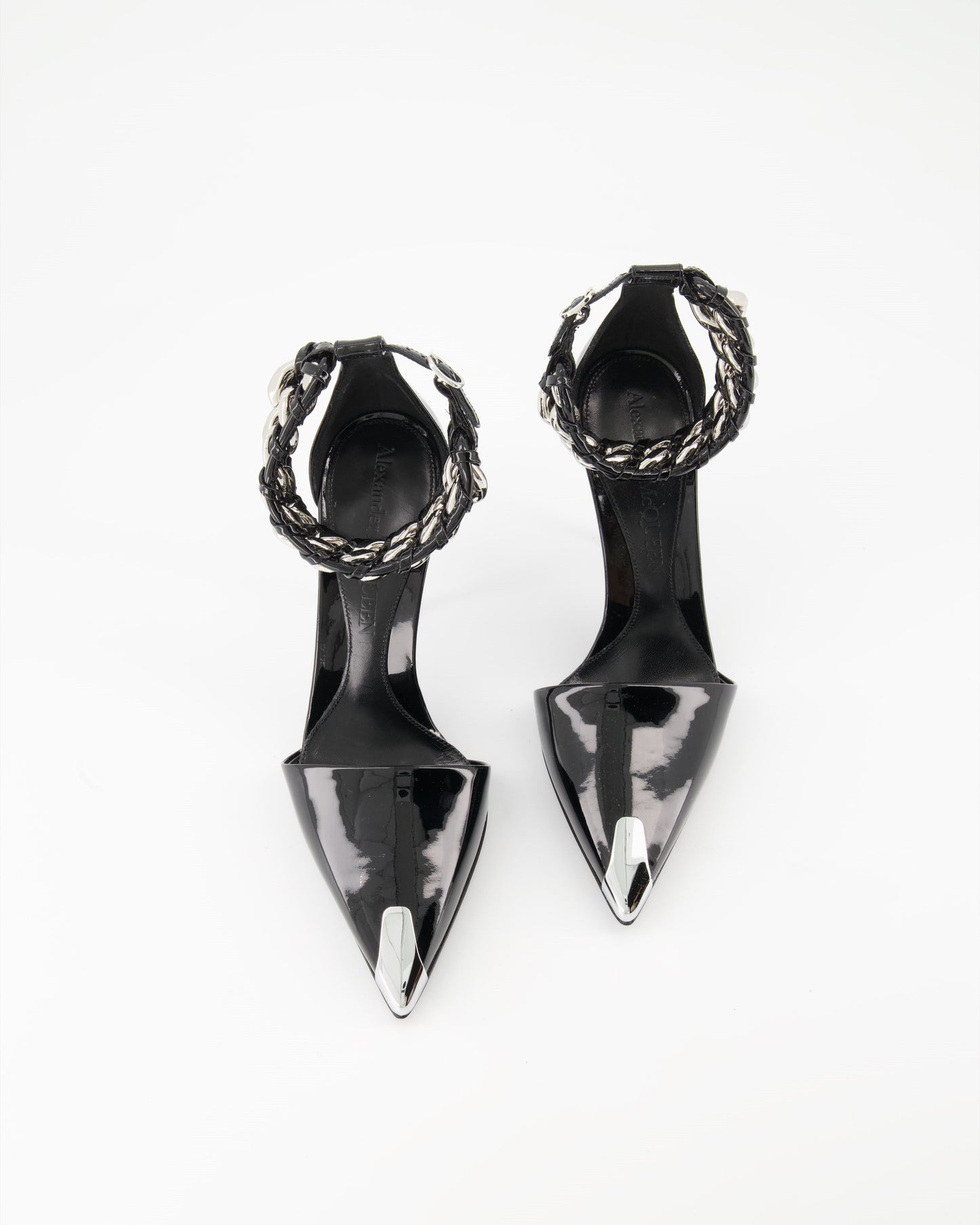 Alexander McQueen Pumps, Punk Shoes, Black Patent Leather, Chain Strap, Metallic Pointed Toe