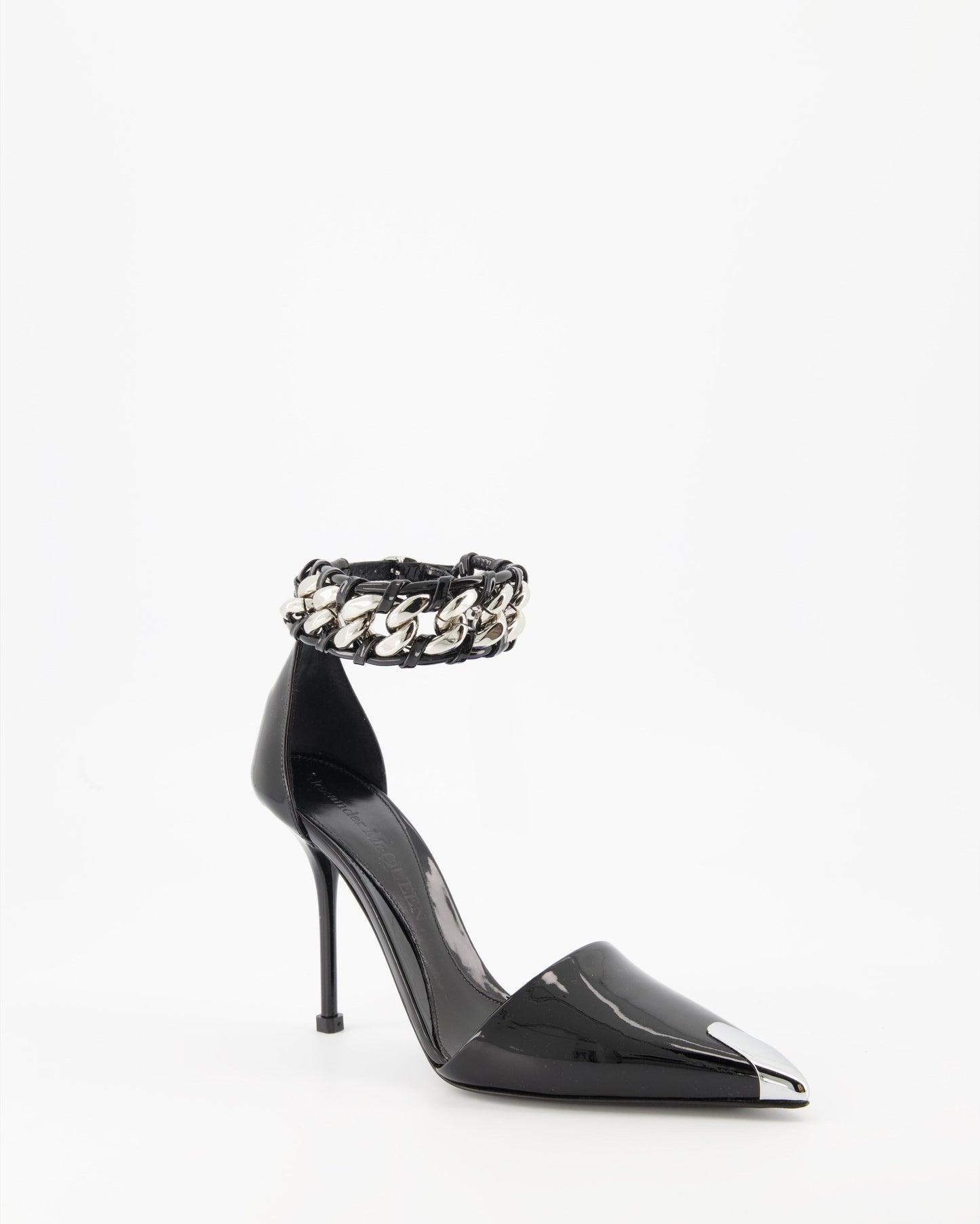 Alexander McQueen Pumps, Punk Shoes, Black Patent Leather, Chain Strap, Metallic Pointed Toe