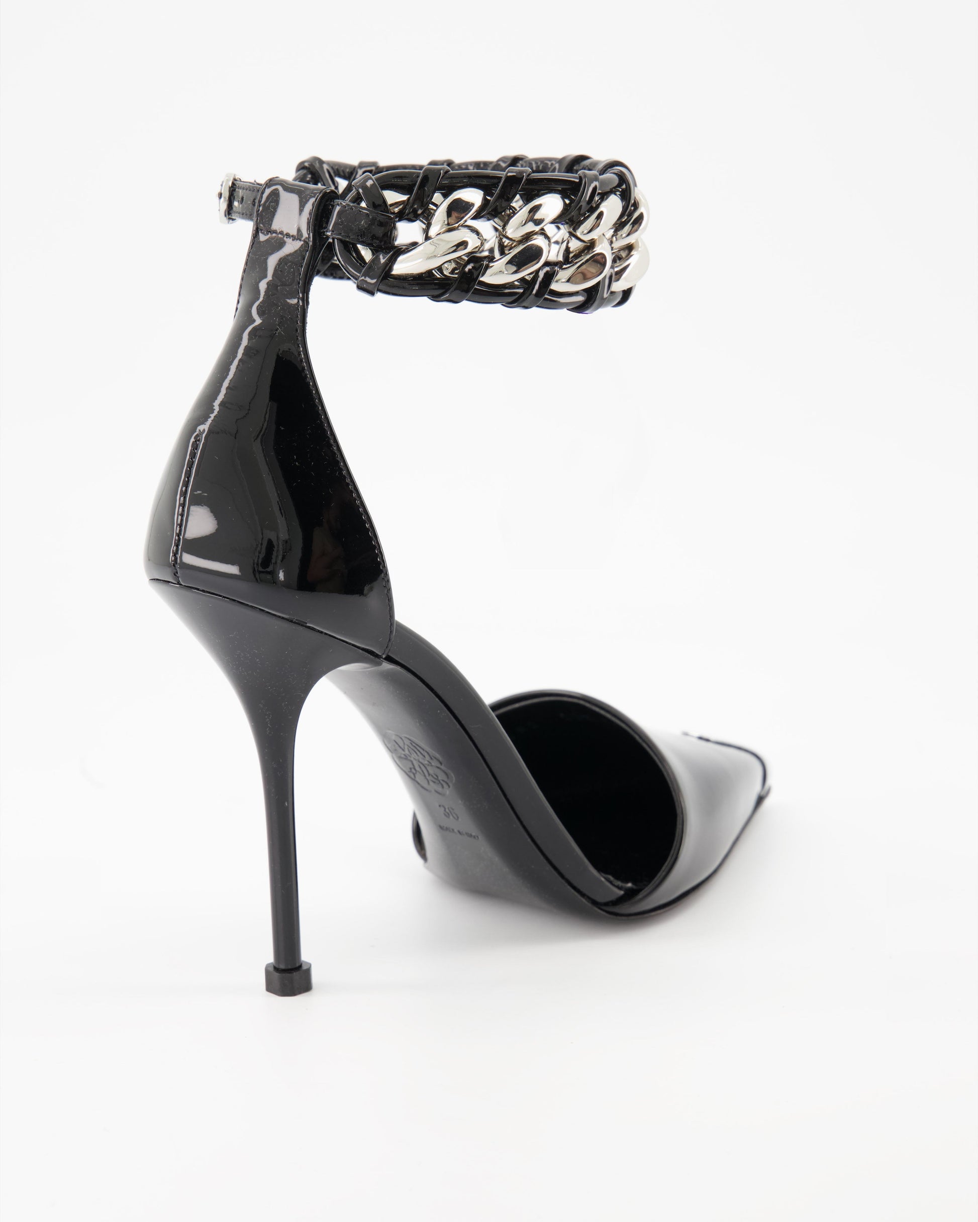 Alexander McQueen Pumps, Punk Shoes, Black Patent Leather, Chain Strap, Metallic Pointed Toe