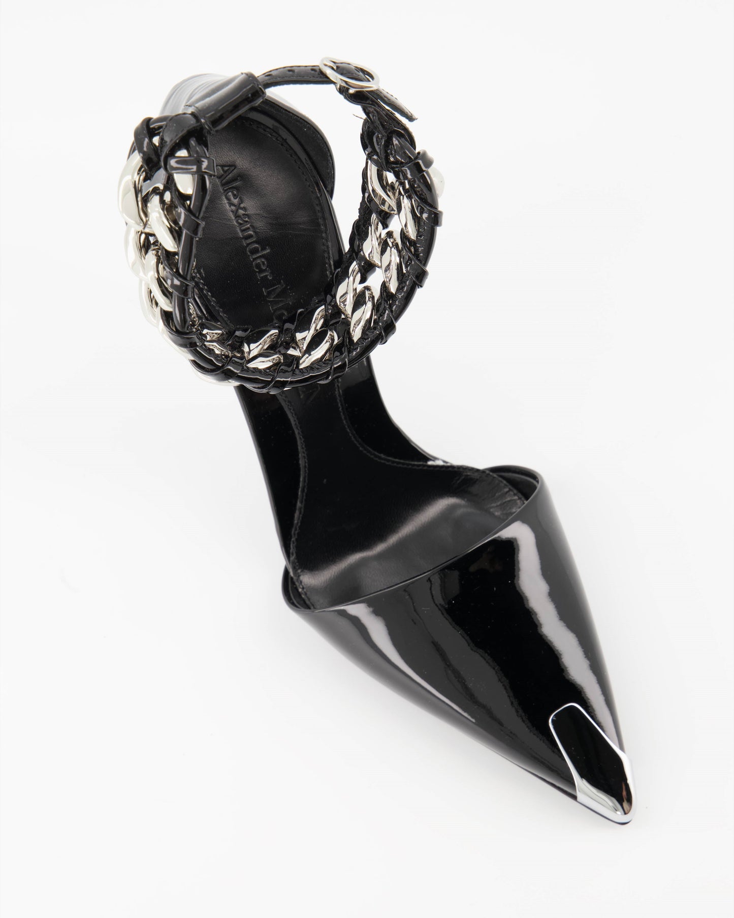 Alexander McQueen Pumps, Punk Shoes, Black Patent Leather, Chain Strap, Metallic Pointed Toe