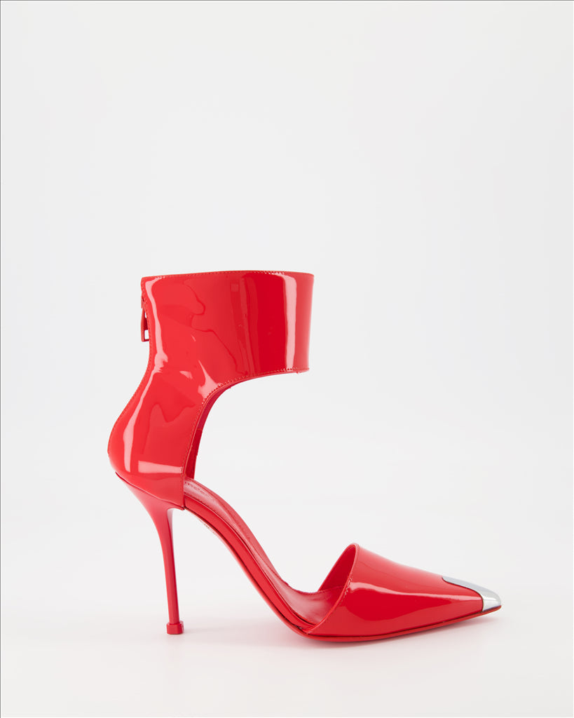 Punk pumps, Alexander McQueen, red leather, luxury shoes, metal pointed toe