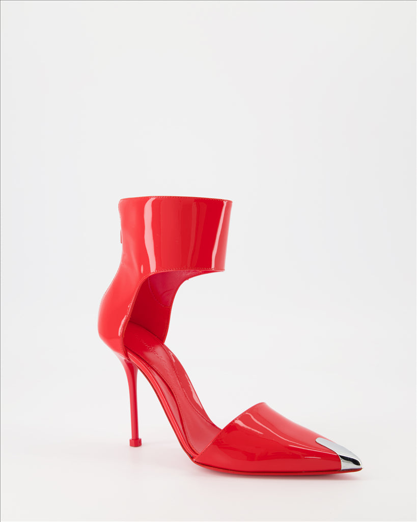 Punk pumps, Alexander McQueen, red leather, luxury shoes, metal pointed toe