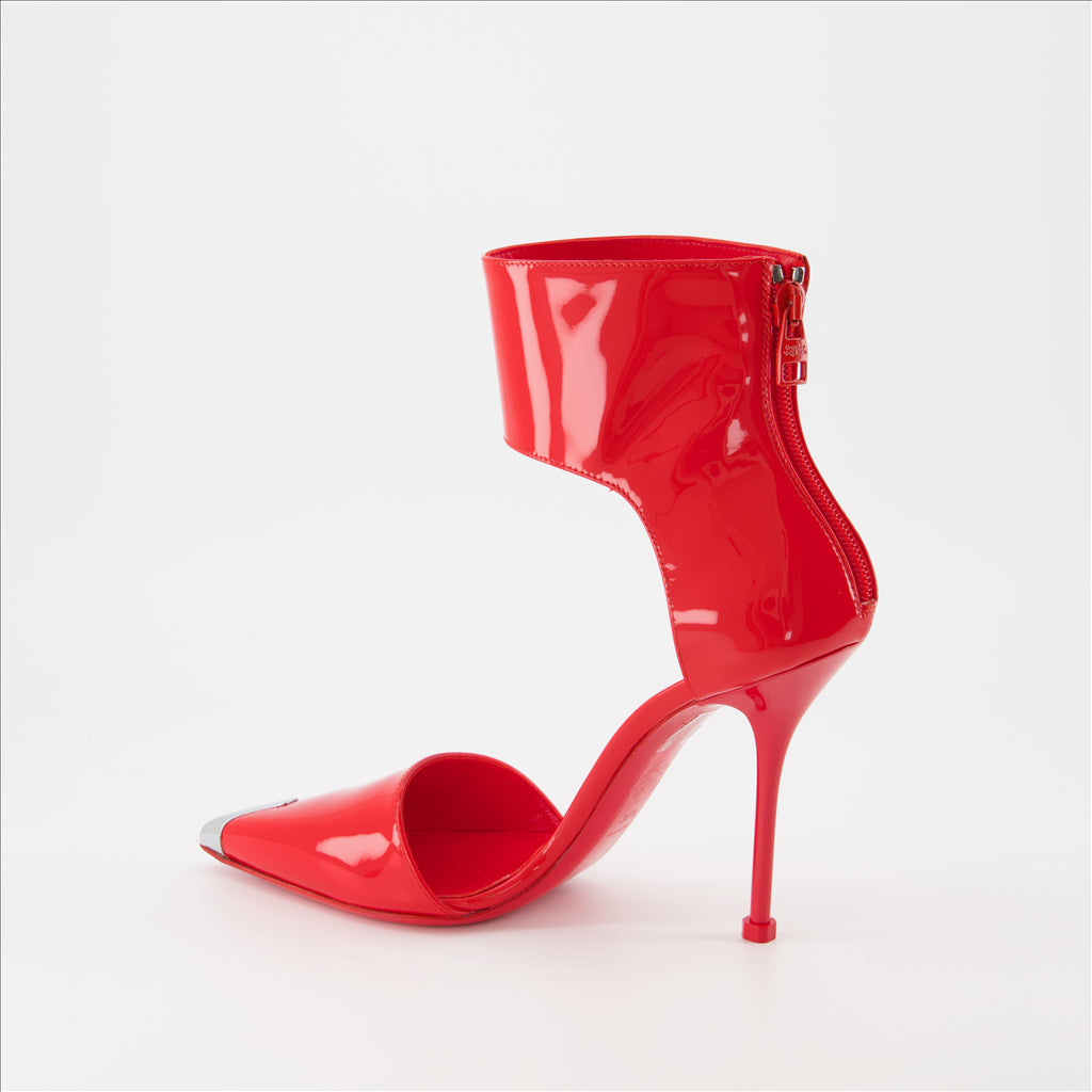 Punk pumps, Alexander McQueen, red leather, luxury shoes, metal pointed toe